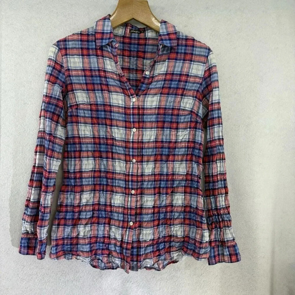 J. McLaughlin Women's XS Button-Up Red‎ And Blue Plaid Long Sleeve Crinkle Top - Picture 1 of 8